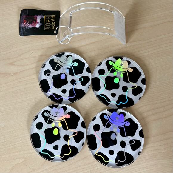 HEY BOO Cow Print Holographic GHOST COWBOY Iridescent Coasters Halloween TEXAS - Picture 3 of 16